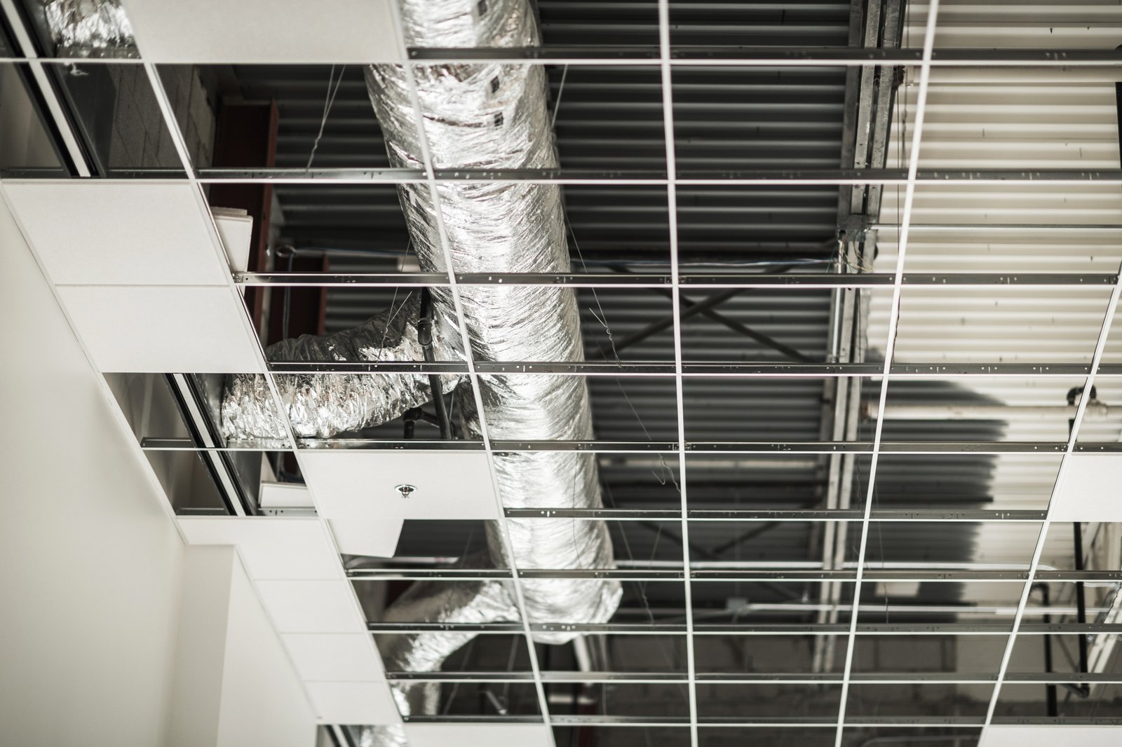 Commercial building ventilation ductwork showing installed HVAC air distribution